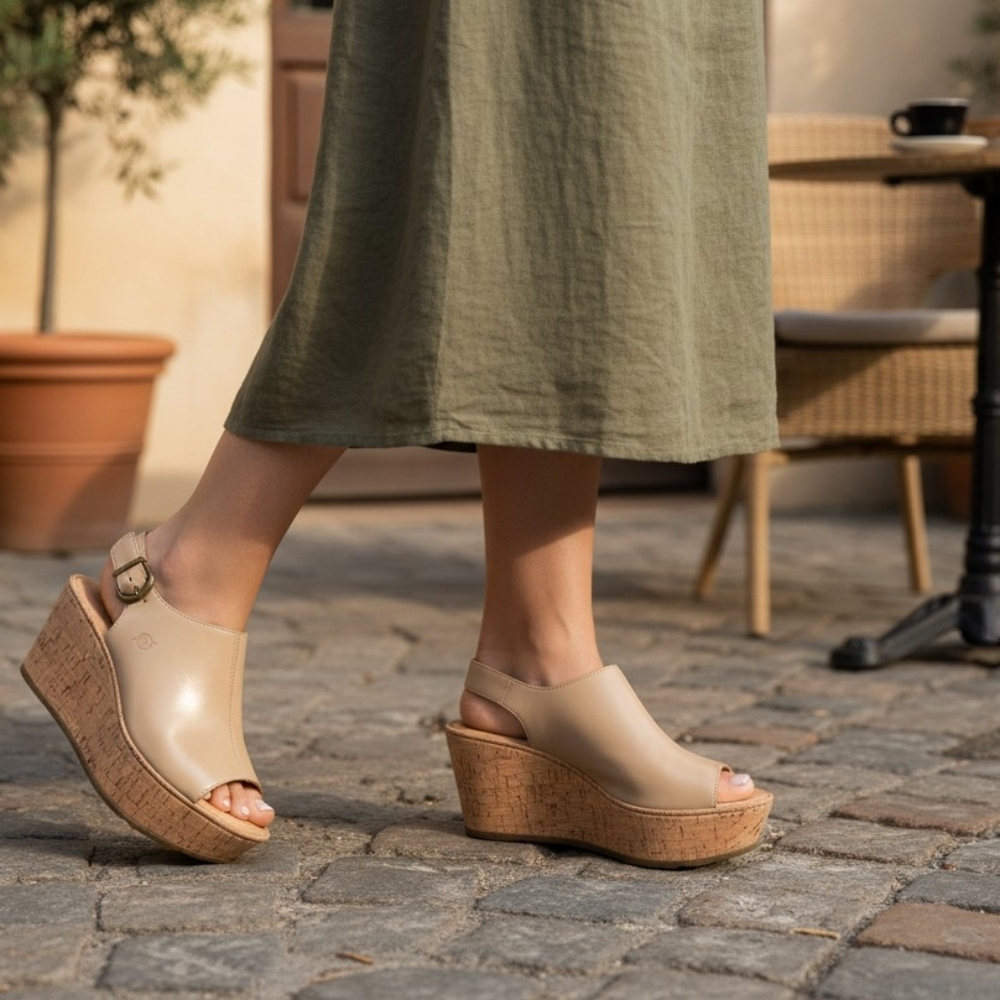 Neutral Beige Cork Wedge Sandals - Women
